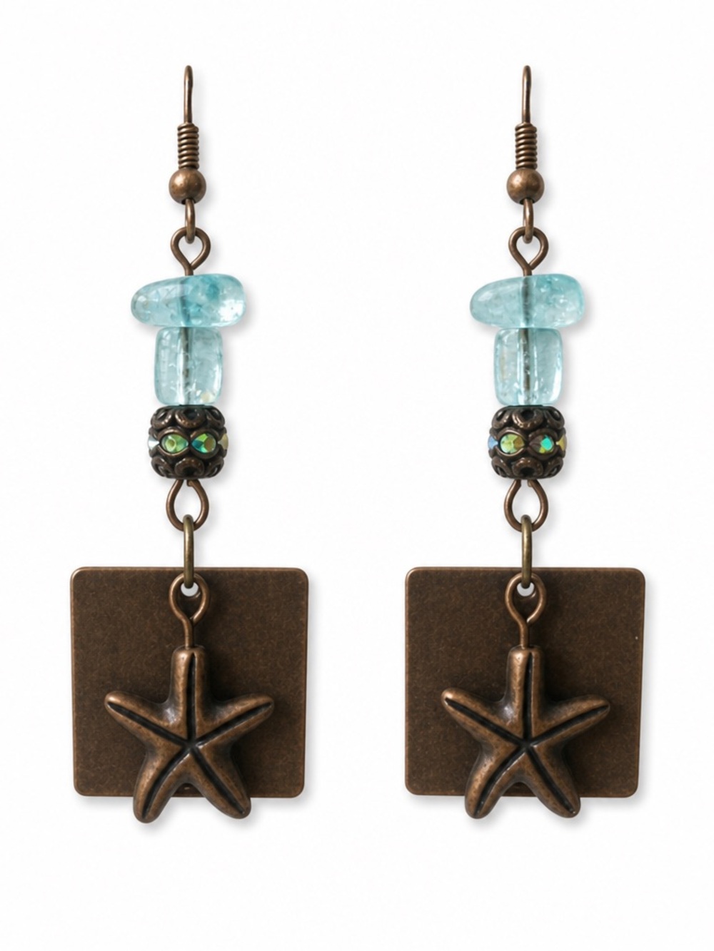 Aquamarine and Rhinestone Encrusted Beaded Starfish Drop Earrings